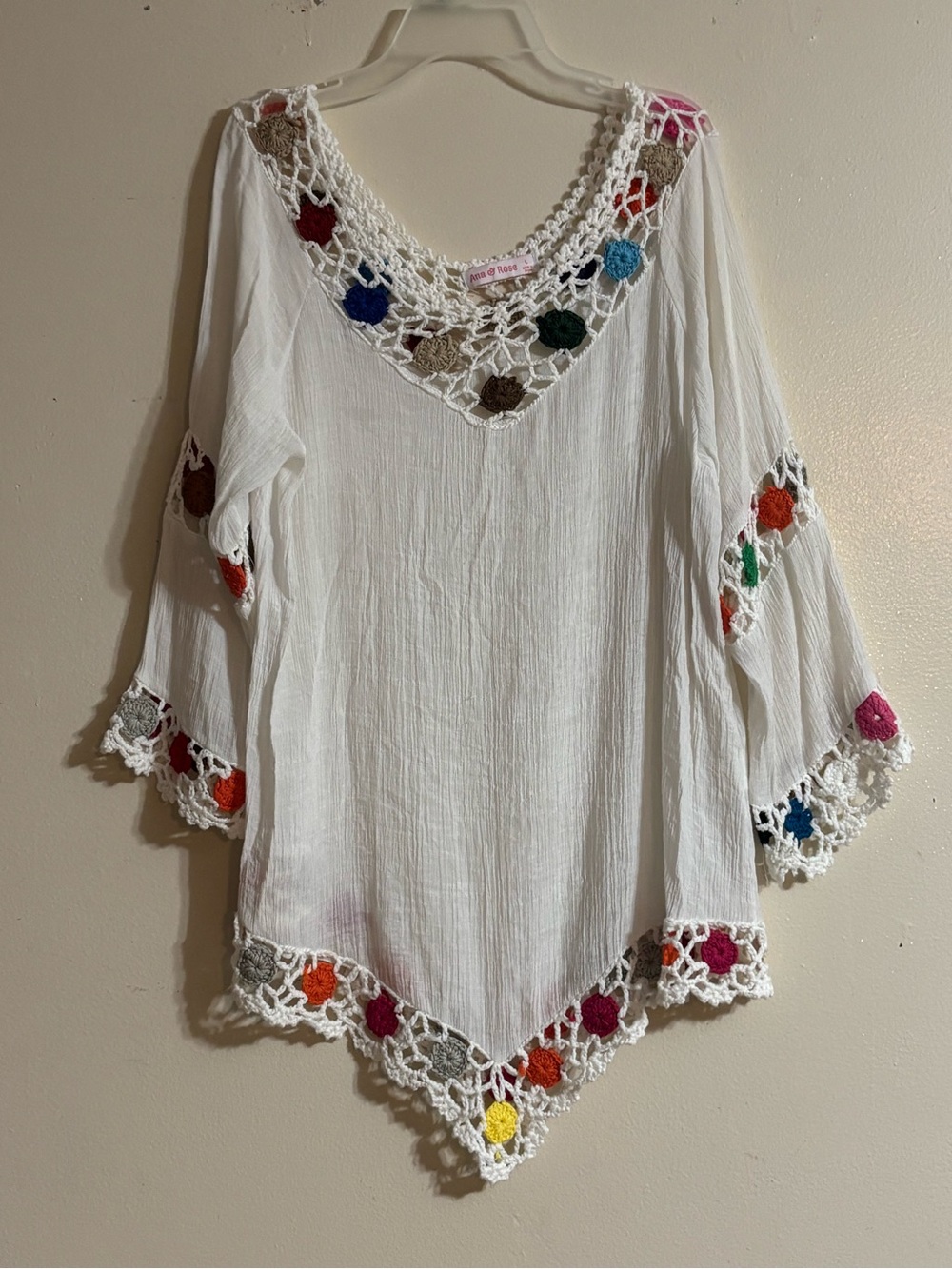 White Crochet-Trim Tunic with Multicolor Crochet Accents